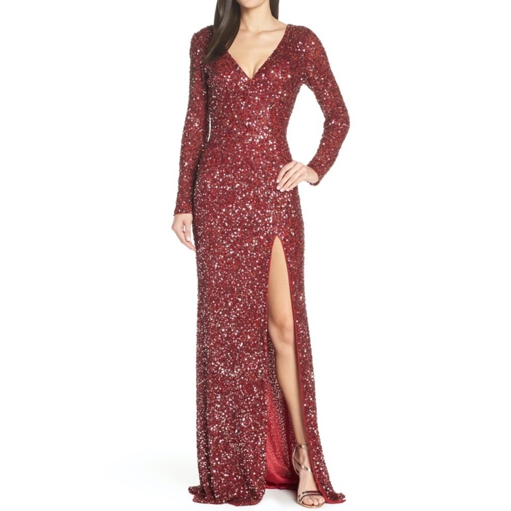 Mac Duggal 4820 Sequin Long Sleeve Slit Gown